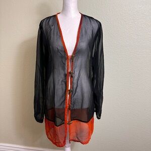 Klozlyne Women's‎ Size Small Kimono Sheer Black with Orange Trim Vintage Boho